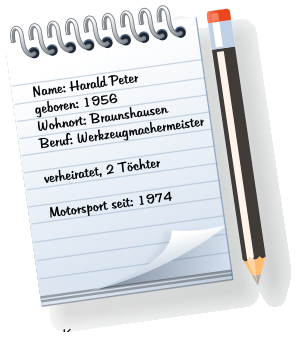 Name: Harald Peter geboren: 1956 Wohnort: Braunshausen Beruf: Werkzeugmachermeister  verheiratet, 2 Töchter  Motorsport seit: 1974
